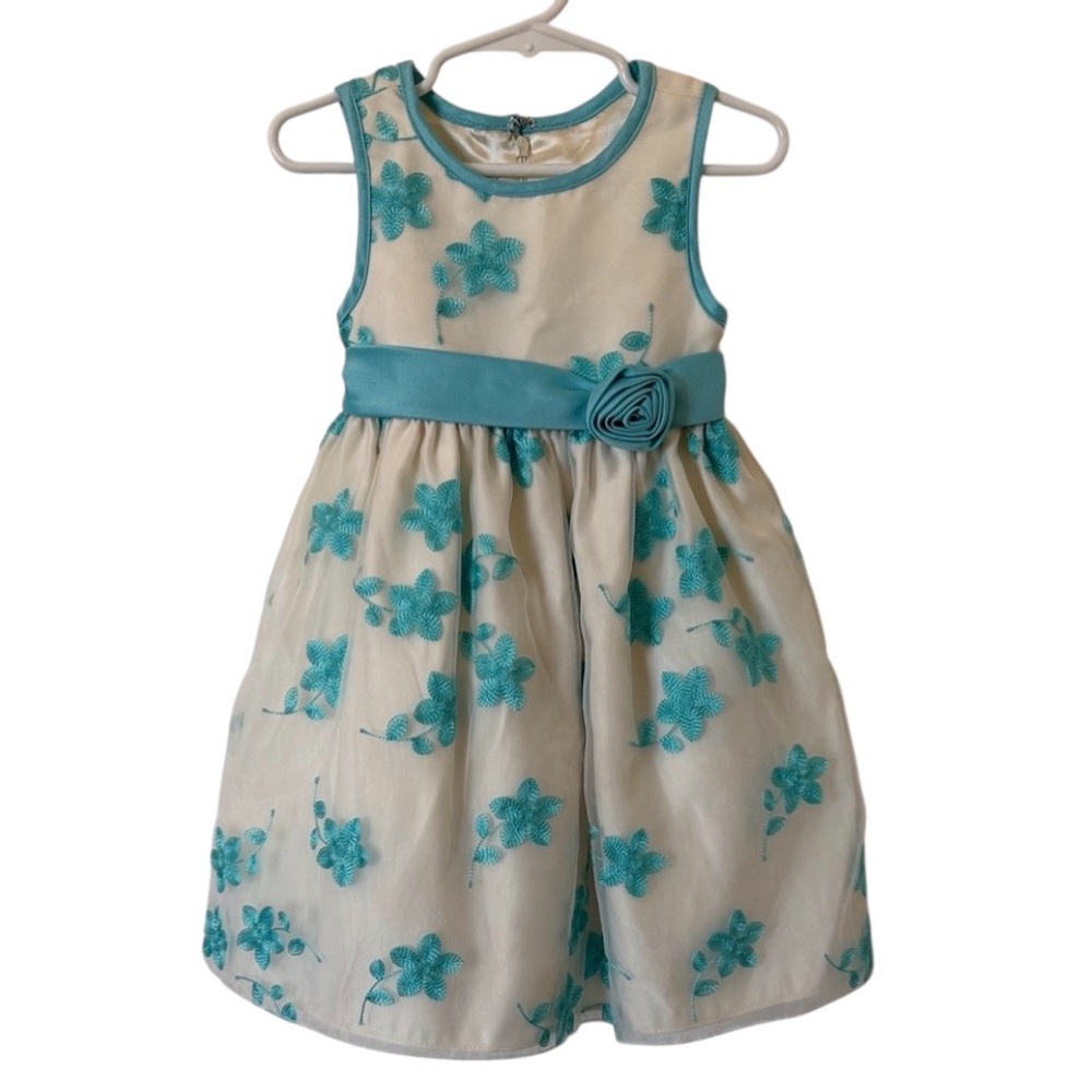 American Princess Embroidered Floral Blue and Off-White Girls Dress Size 3T